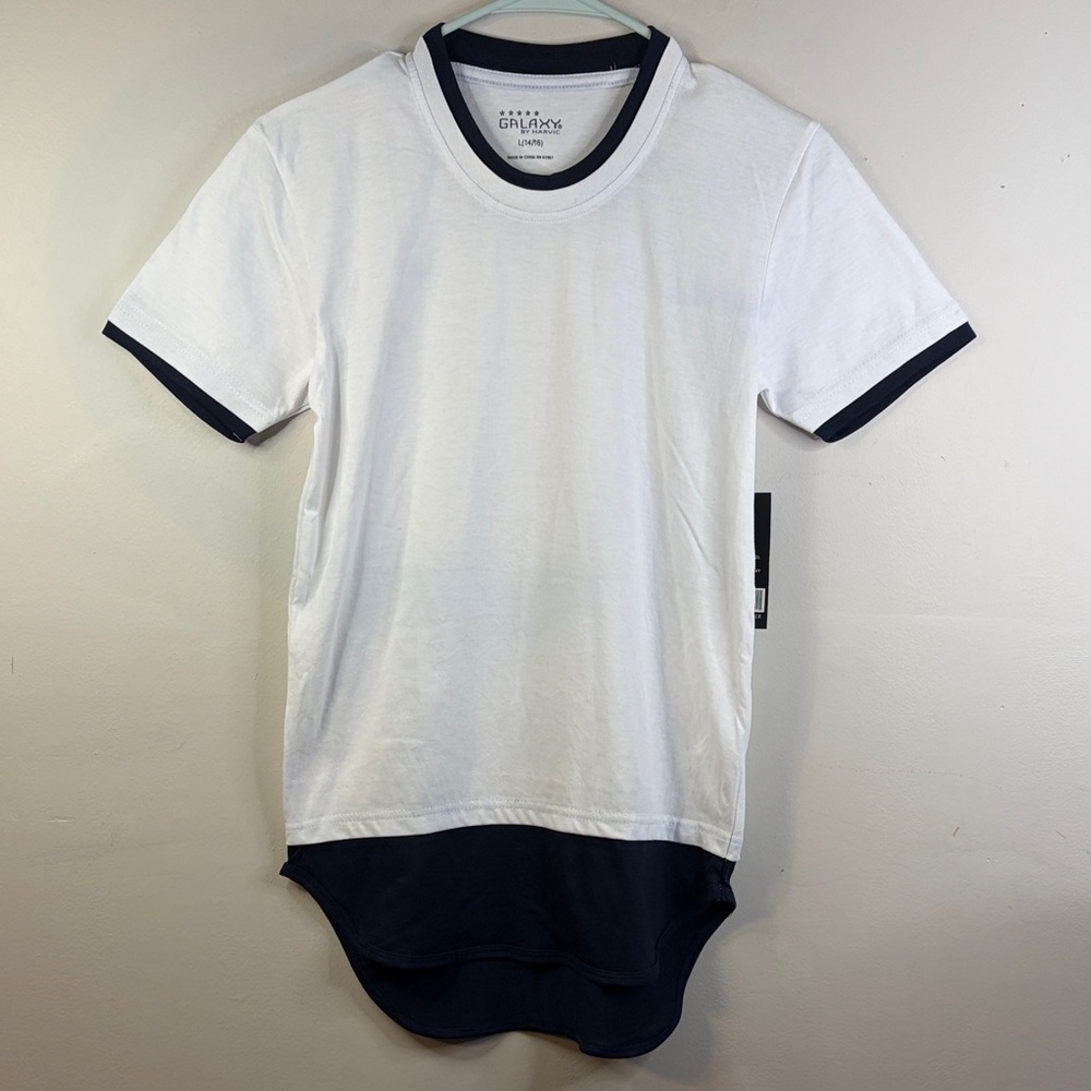 Galaxy By Harvic White and Navy Short Sleeve Tee Size Large 14/16 NWT #36